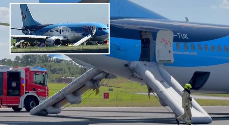 Avión de TUI evacúa a pasajeros por toboganes de emergencia por alarma de humo en bodega. Foto: PYOK