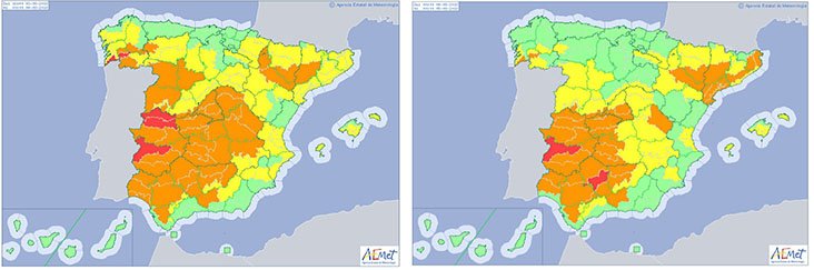 Mapas de alertas por temperaturas del Viernes y del Sábado