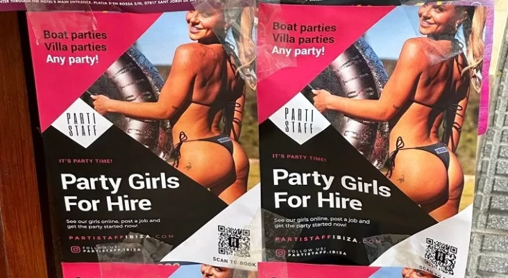 Polémica en Ibiza por unos carteles publicitarios en los que se ofrecen “Chicas fiesteras para alquilar”