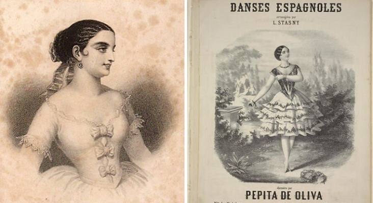 Dibujo y cartel antiguo de la bailarina malagueña Pepita de Oliva